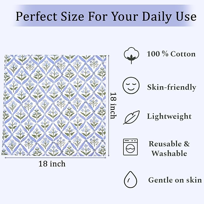 Ridhi Light Steel Blue Hand Block Print 100% Cotton Napkins 18" x 18" (Set of 4) Reuseable Kitchen Napkins Cloth Decor Dinner Party Wedding Cocktail Gift for Spring, Easter, Valentine