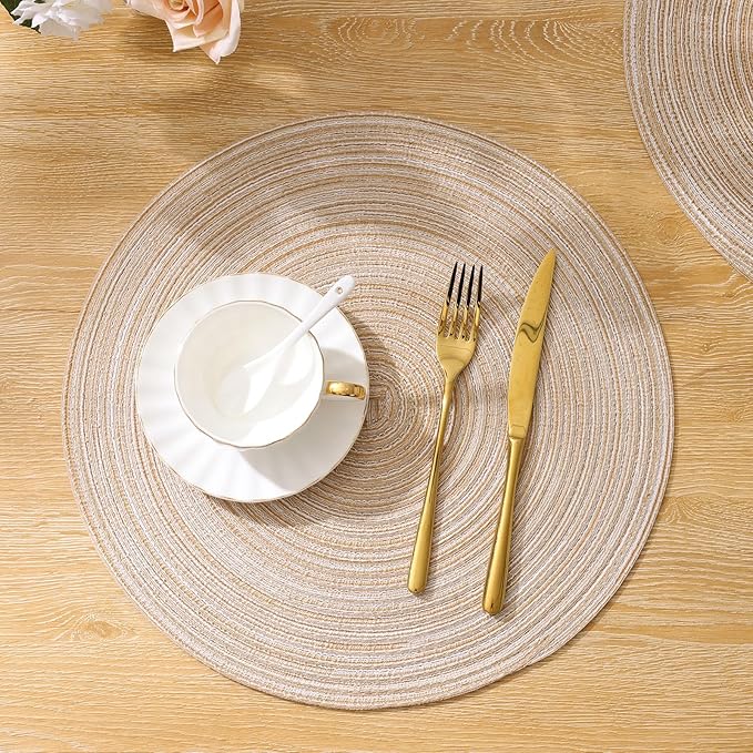 SHACOS 15 inch Beige Round Placemats Set of 12 for Dining Table Woven Braided Circle Place Mats Kitchen Placemat Washable Table Mats