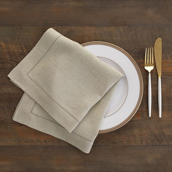 Solino Home Natural Linen Napkins Set of 6-100% Pure Linen Hemstitch Dinner Napkins 20 x 20 Inch for Spring, Summer, Mothers Day - Classic Hemstitch