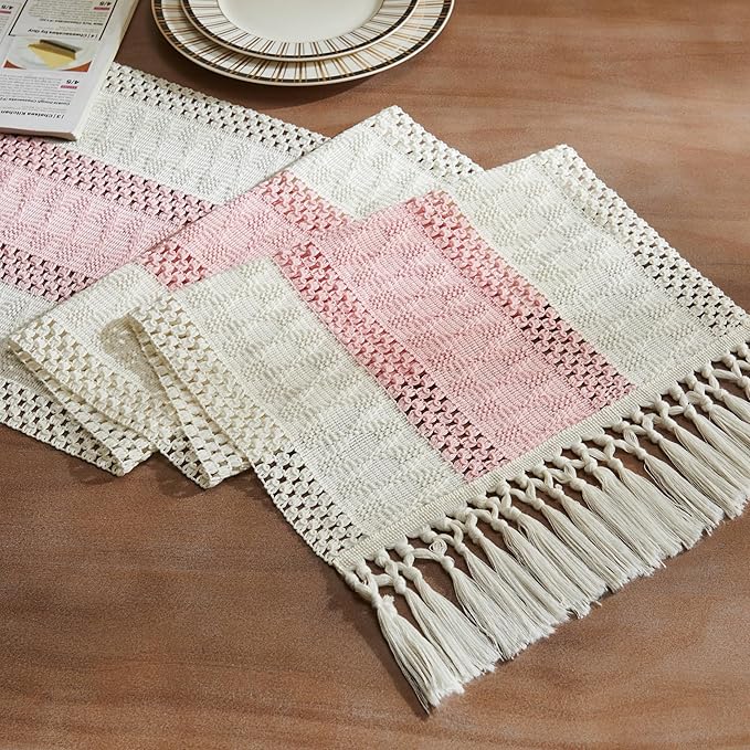 ZeeMart Macrame Style Bicolor Stitching Table Runner, 14 x 108 Inch Light Pink/Ivory, Boho Pink Table Runners 108 Inches Long, Farmhouse Woven Home Decor