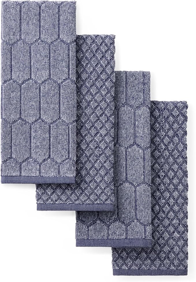 Martha Stewart Honeycomb Chambray Textured Kitchen Towel 4-Pack Set, 100% Cotton with Absorbent Terrycloth, Decorative Kitchen Towels, Navy Blue, 16"x28"