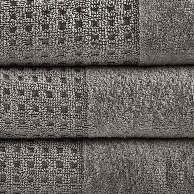 Madison Park Spa Waffle 100% Cotton Luxurious Towel Set, Premium Texture Waffle Weave, Highly Absorbent, Quick Dry, Hotel & Spa Quality Wash Clothes for Bathroom, Assorted Sizes, Charcoal 6 Piece