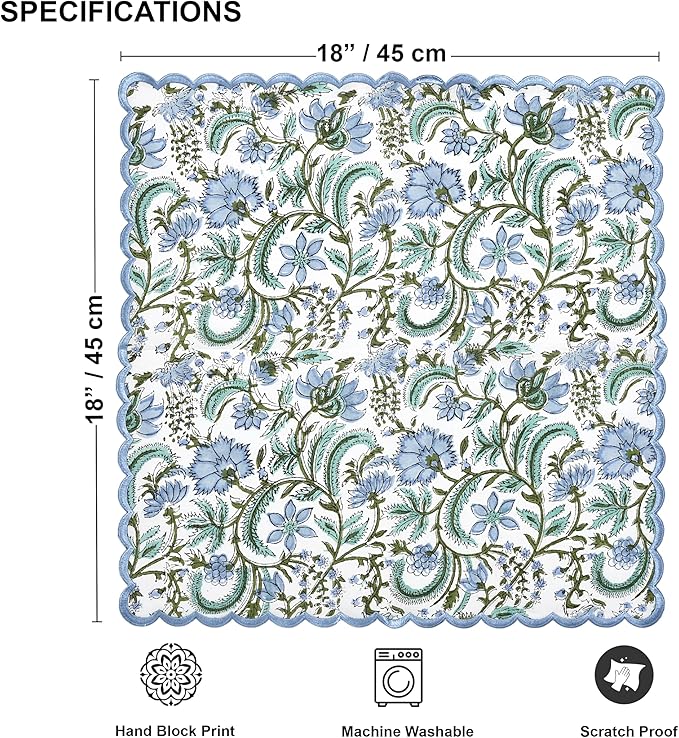 Ridhi Hand Block Print Columbia Blue 18" x 18" (Set of 4) Embroidery Table Napkins Reusable Cotton Dinner Napkins for Weddings, Parties, Everyday Dining Gift for Spring, Easter, Valentine