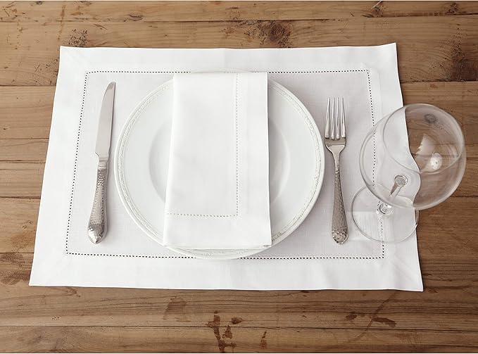Solino Home White Placemats Set of 4 - Cotton Linen Hemstitch Placemats 14 x 19 Inch for Mothers Day, Spring, Summer, Memorial Day