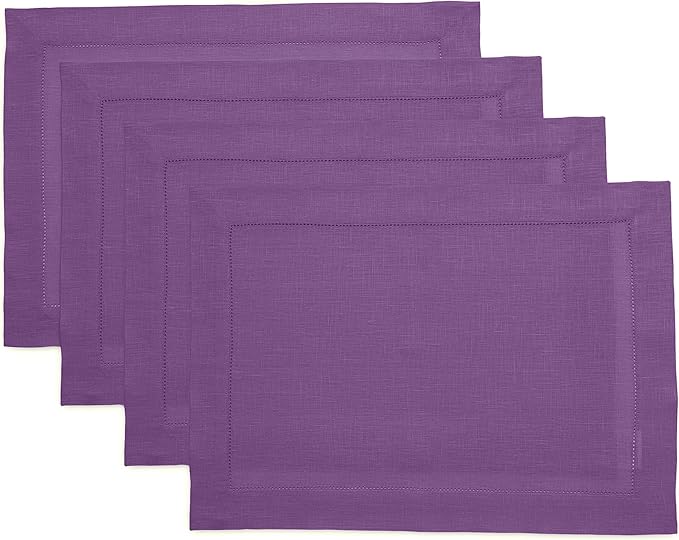 Solino Home Linen Placemats Set of 4 - Classic Hemstitch Purple Placemats 14 x 19 Inch - 100% Pure Linen Table Mats for Spring, Summer, Mothers Day