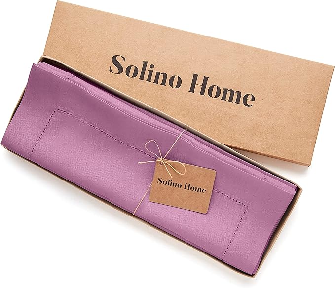 Solino Home Linen Cloth Placemats Set of 4-100% Pure Linen Hemstitch Violet Placemats 14 x 19 Inch - Classic Hemstitch Table Place Mats for Mothers Day, Spring, Summer