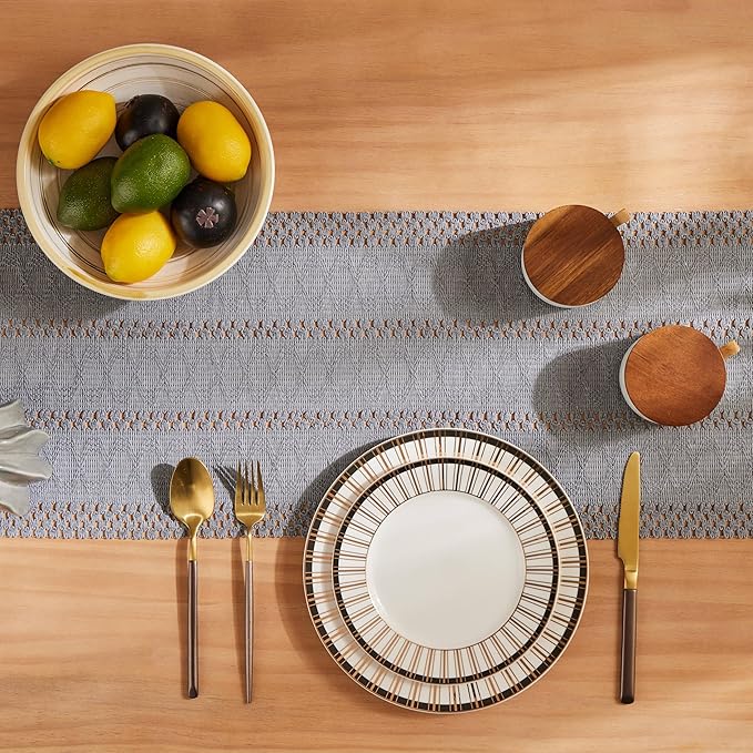 ZeeMart Macrame Style Boho Table Runner, Blue Grey Table Runners 48 Inches Long, Farmhouse Woven Home Decor, 12x48 Inch, Light Blue Grey