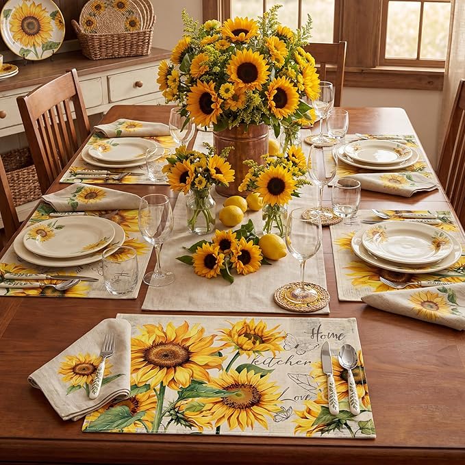 Sunflower Placemats Set of 6, Spring Summer Sunshine Table Mats 12x18 Inch, Farmhouse Washable Table Decor for Kitchen Dining Indoor Outdoor Party Holiday