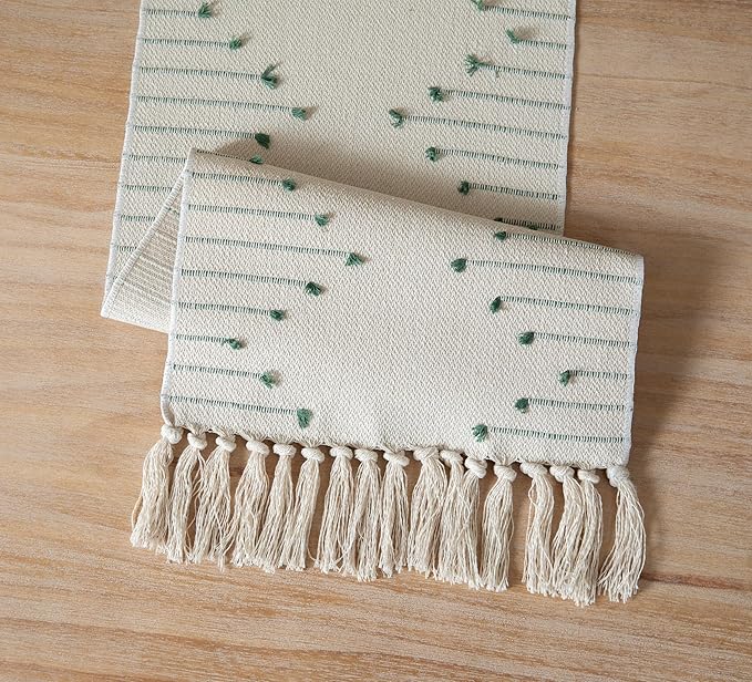 Boho Table Runner 13 x 60 Inch Long Natural Cotton Woven Runner with Tassels for Home Dining Table décor, for Modern Farmhouse Decor Coffee Table Runner, Green and Beige