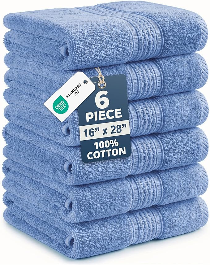 LANE LINEN Bath Hand Towels for Bathroom - Pack of 6 (16" x 28"), 100% Cotton Hand Towel - Soft, Durable, Quick Dry & Highly Absorbent - Hotel Quality Face Towels for Salons & Home Use - Cerulean Blue
