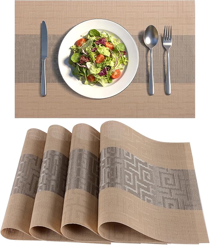 Timeet Placemats Set of 4, Heat Resistant Non-Slip Place Mats for Dining Table, Durable Washable PVC Vinyl Woven Table Mats, Resistant Kitchen Placemats Easy to Clean(Beige & Gray