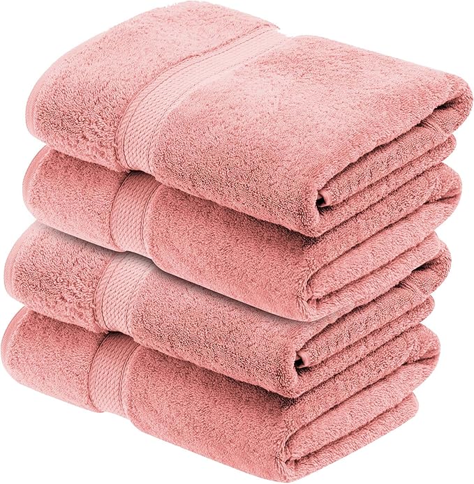 Superior Egyptian Cotton Pile Bath Towel Set of 4, Ultra Soft Luxury Towels, Thick Plush Essentials, Absorbent Heavyweight, Guest Bath, Hotel, Spa, Home Bathroom, Shower Basics, Tea Rose