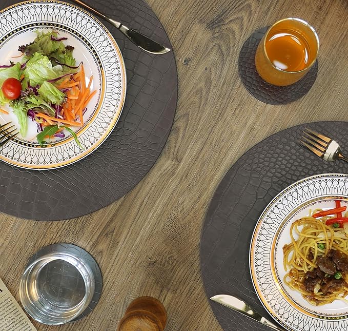 Round Leather Placemats for Round Tables Set of 4, Gray Table Place Mats and Coasters, Washable Easy to Care for Indoor Decor 13" Diameter