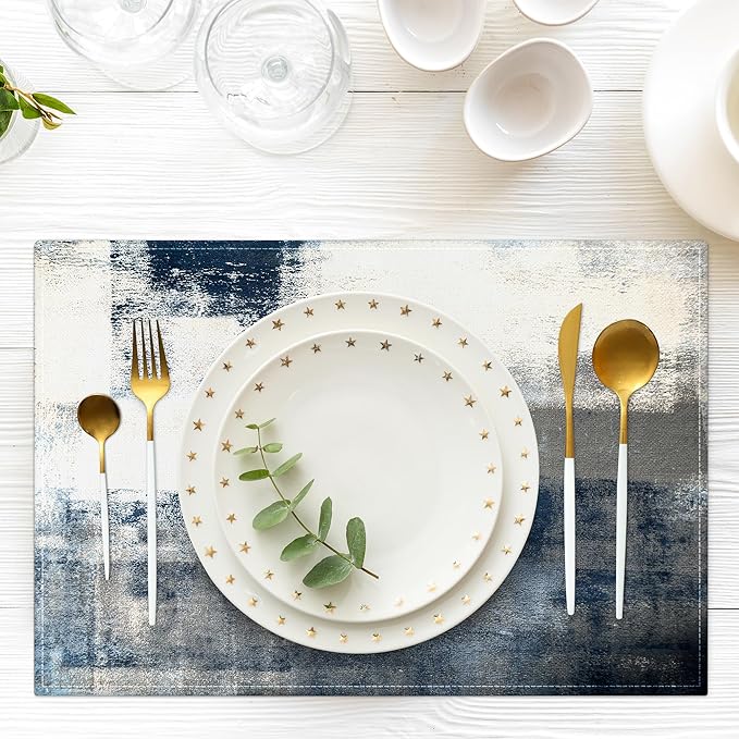 Blue and Gray Placemats Washable, Linen Rectangular Place Mats Set of 4, Dining Table Decor for Living Room, Kitchen, Farmhouse and Outdoor (White Gray, 12x18 Inch)