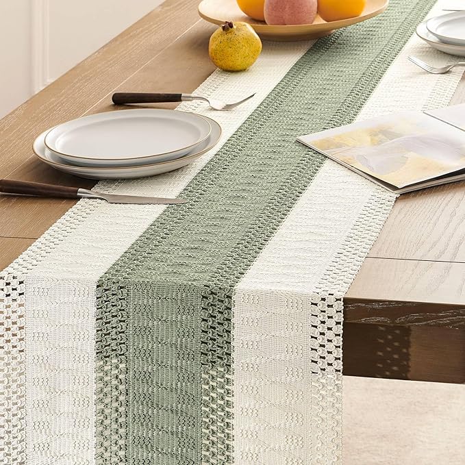ZeeMart Macrame Style Bicolor Stitching Table Runner, 14 x 36 Inch Green/Ivory, Boho Sage Green Table Runners 36 Inches Long, Farmhouse Woven Home Decor
