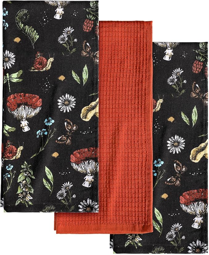 Miss Adola 3pcs Cotton Kitchen Towels - 270 GSM 15x25 Inch Terry Cloths Reusable Dish Cloths for Cleaning Absorbent Soft Hand Tea Towels with Hanging Loop for Housewarming Home Decor, Black Mushroom
