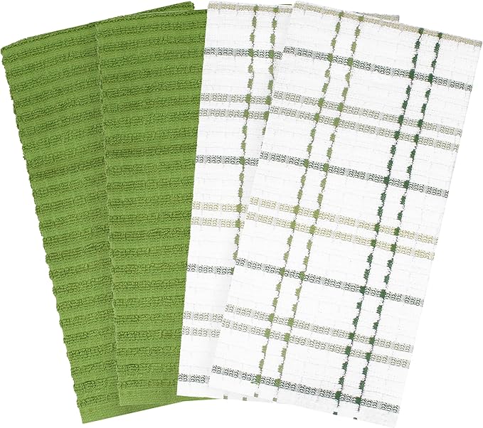 Ritz Royale Collection 100% Combed Terry Cotton, Highly Absorbent, Kitchen Towel Set, 13-3/4" x 12", 4-Pack, Solid & Checked, Cactus