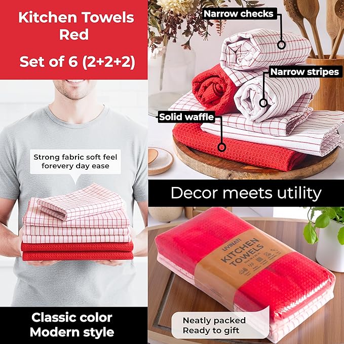 Highly Absorbent Cotton Kitchen Towels for Drying Dishes - Set of 6 Dish Towels - Narrow Red Stripes Plaid Waffle Dishtowels - 18"X28" Large Lint Free Linen Tea Hand Bulk T Towls