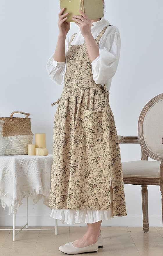 Floral Cotton Waterproof Adult Kitchen Apron Adjustable Cooking Baking Garden Chef Apron with Pocket