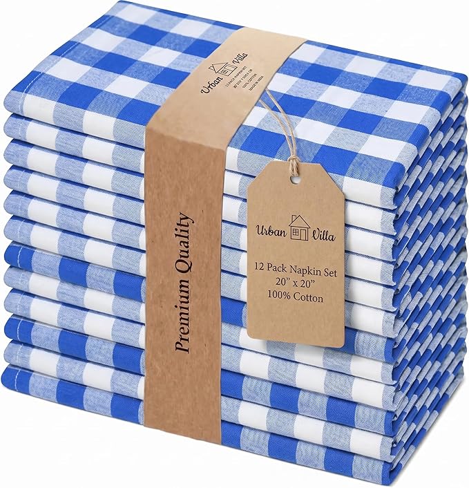 Urban Villa Cloth Napkins 100% Cotton Dinner Napkins Highly Absorbent 20x20 Inches (Set of 12) Blue White Buffalo Checks Reusable Washable Soft Durable Premium Napkins Ideal for Home Wedding Parties