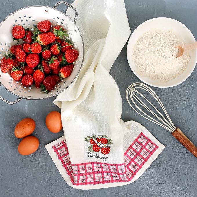 Lavien Home, Dish Towels for Kitchen, Turkish Cotton Waffle Weave Fruits Embroidered Washable Tea Towels with Plaid Housewarming Gift (Set of 4), 16 x 24 inches