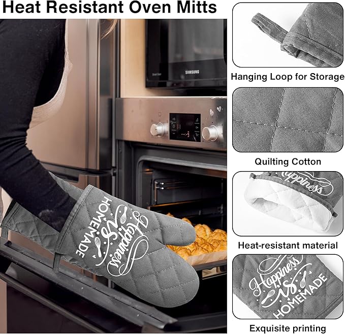 GROBRO7 6Pcs Cotton Oven Mitts and Pot Holders Set Happiness is Homemade Heat Resistant Hot Pad Machine Washable Microwave Gloves with Hanging Loop Pocket Potholder for Kitchen Baking Cooking Grilling