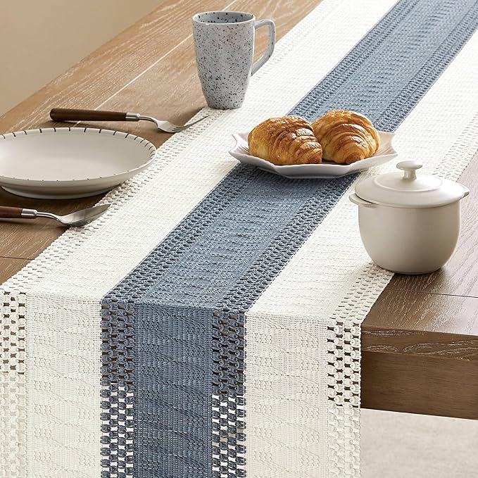ZeeMart Macrame Style Bicolor Stitching Table Runner, 14 x 72 Inch Navy/Ivory, Boho Navy Blue Table Runners 72 Inches Long, Farmhouse Woven Home Decor