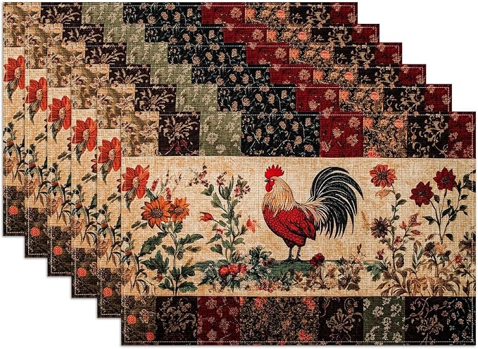 Rustic Rooster Placemats Set of 6, Flower Floral Linen Place Mat Washable Stain Resistant Table Mats for Farmhouse Kitchen Dining Holiday Party Wedding Decor 12x18 Inch