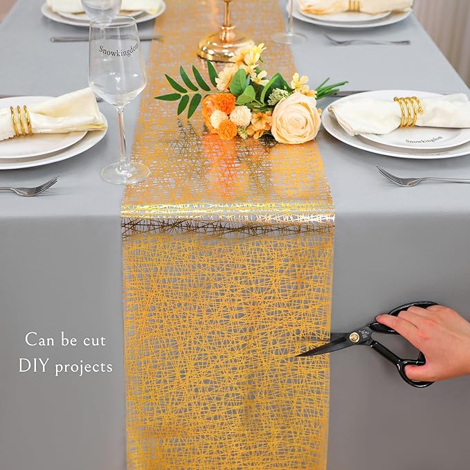 Snowkingdom 2 Pcs Gold Table Runner 11x 108 Inch Thin Mesh Sparkle Glitter Metallic Golden Lines Runner Gold Table Decorations for Wedding Birthday Party, Bridal Shower, Baby Shower, Christmas