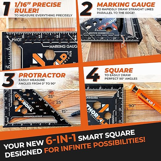 THORVALD 6-in-1 Carpenter Square 7 inch (1/16" Precision) T Square Multi-Purpose Carpenter Tools : Wrench, Square, Protractor, Ruler, Marking Gauge, Drill Gauge, Includes 2-in-1 Carpentry Pencil
