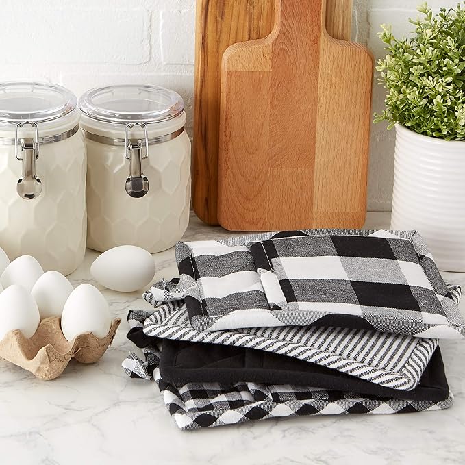 DII Gingham Check Kitchen Collection, Black, Potholder Set