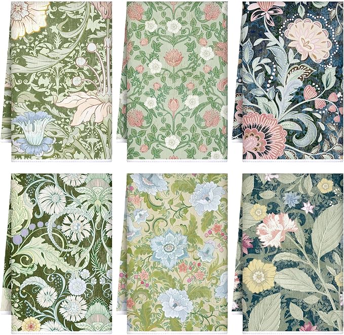 TecUnite 6 Pcs Vintage Floral Kitchen Towels Set Retro Flower Dish Towels Absorbent Decorative Colorful Tea Hand Towel for Cleaning Drying Wiping Task Women Mom Housewarming Gifts Decor