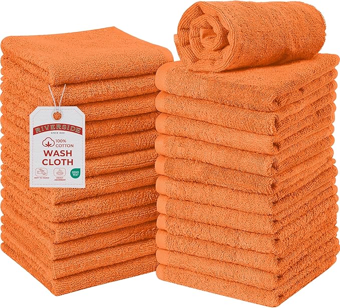 RIVERSIDE Pack of 24 Wash Cloths for Showering, 12 x 12 Inches, Super Soft & Absorbent, 100% Cotton Washcloths Premium Quality Flannel Face Cloths for Bathroom, Gym, Spa (Orange, 24 Pack)