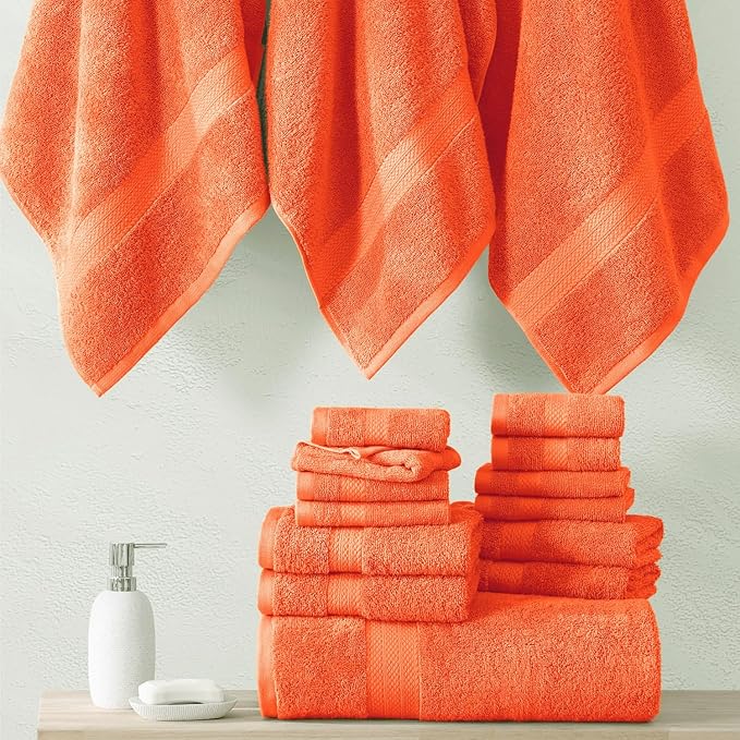 Lane Linen 100% Luxury Cotton Towel Set for Bathroom - 24 PCs - Absorbent, Super Soft & Quick Drying - 4 Bath, 4 Fingertip, 6 Hand Towels, 8 Washcloths, 2 Bath Sheets - Low Twist Towels - Living Coral