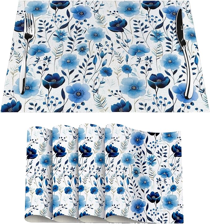 Blue Floral Watercolor Linen Placemats Set of 4, 12" x 18" Heat Resistant Washable Boho Blue Table Mats for Dining Table Kitchen Party Outdoor, Elegant Home Decor & Gift for Floral Nature Enthusiasts