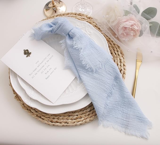 Cloth Napkins with Fringe Set of 6,100% Natural Soft Cotton, Gauze Washable Napkins for Wedding Decorative Dinner Parties Easter Spring, Valentine's Day (16''*16'') (Light Blue)