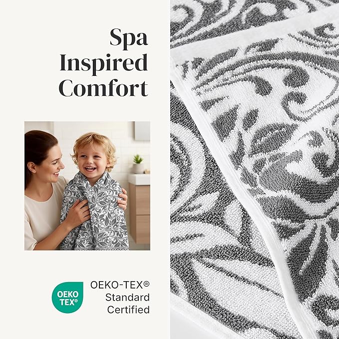 Modern Threads Botanical Vine 6-Piece 100% Cotton Towel Set – Reversible Yarn Dyed Jacquard – Includes 2 Bath Towels, 2 Hand Towels, 2 Washcloths – Absorbent, Quick Dry, Soft & Durable – Gray