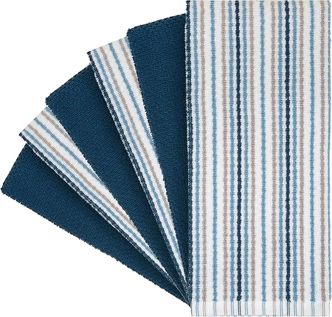 Kitchen Towels 16”x 26” - 6 Pack | Large Cotton Kitchen Hand Towels | Dish Towels | Popcorn Stripe Design | 430 GSM Highly Absorbent Tea Towels Set with Hanging Loop | Dish Towels for Kitchen | Blue