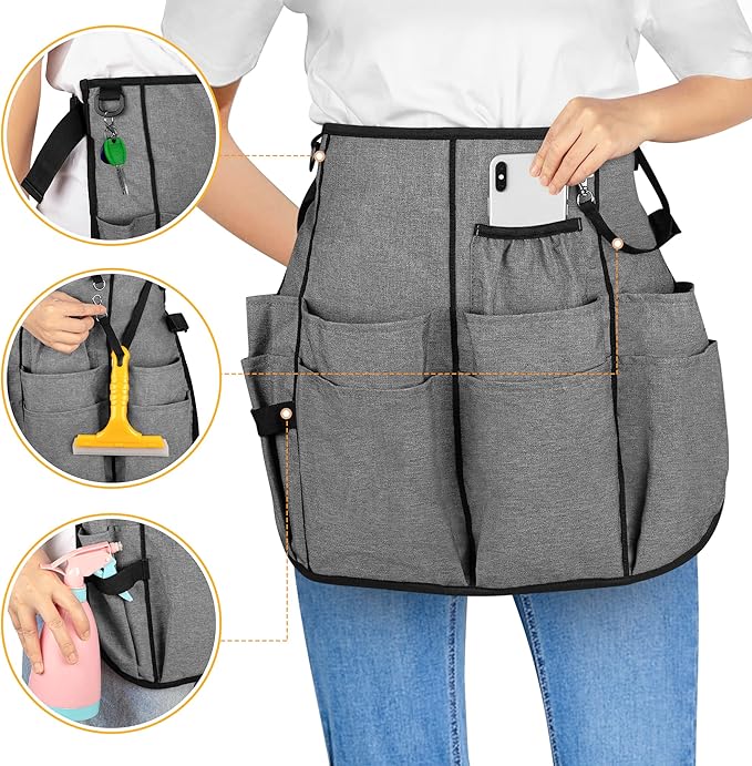 LoDrid Professional Cleaning Apron with 9 Pockets and Adjustable Waist Belt, Cleaning Caddy Aprons for Cleaning Work of House Hotel, Gray