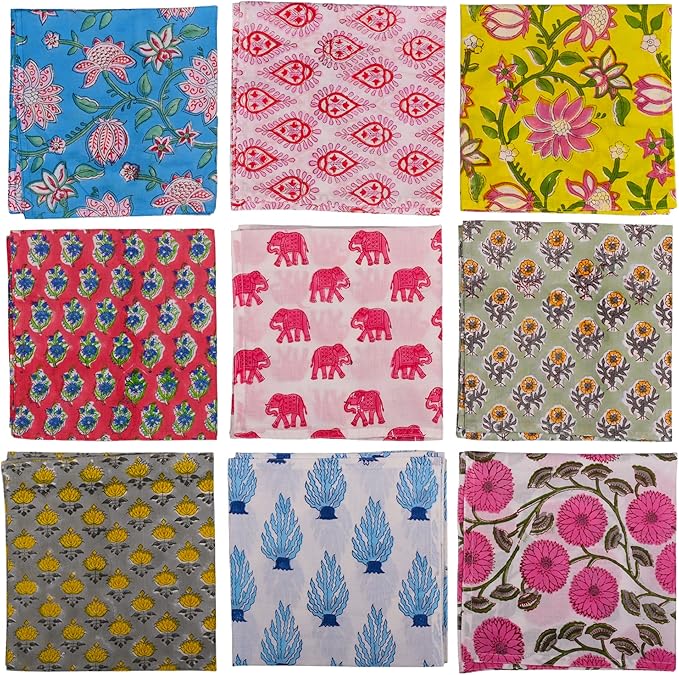 DIYANAIMPEX 10 Pc Cotton Cloth Napkins Hand Block Print Hand Made Size 16x16 Inch Printed Home Decor Indian Eco Friendly Mix Lot Dinner Napkins (Multicolor)