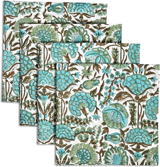 CPC Cloth Napkins Set of 4 Cotton Printed Dinner Hand Print Napkins I Wedding Cocktail Cloth Floral Napkins I 18x18 in I Aqua Green