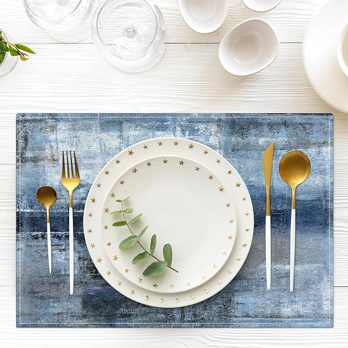 Blue and Gray Placemats Washable, Linen Rectangular Place Mats Set of 4, Dining Table Decor for Living Room, Kitchen, Farmhouse and Outdoor (Blue Gray, 12x18 Inch)