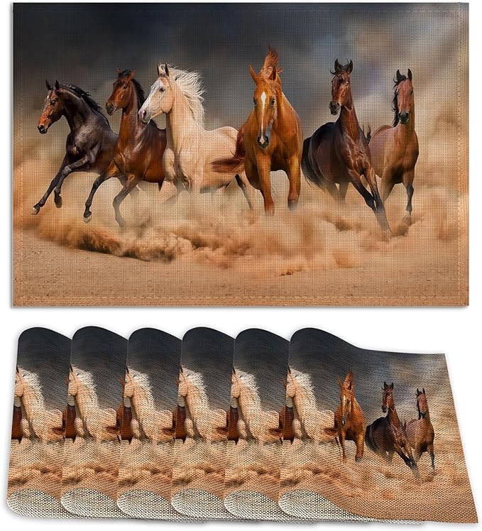 Horse Herd Run in Desert Placemats Set of 6,12x18 Inch Table Mats forKitchen Table Washable Farmhouse Linen Table Mats Dining Decoration