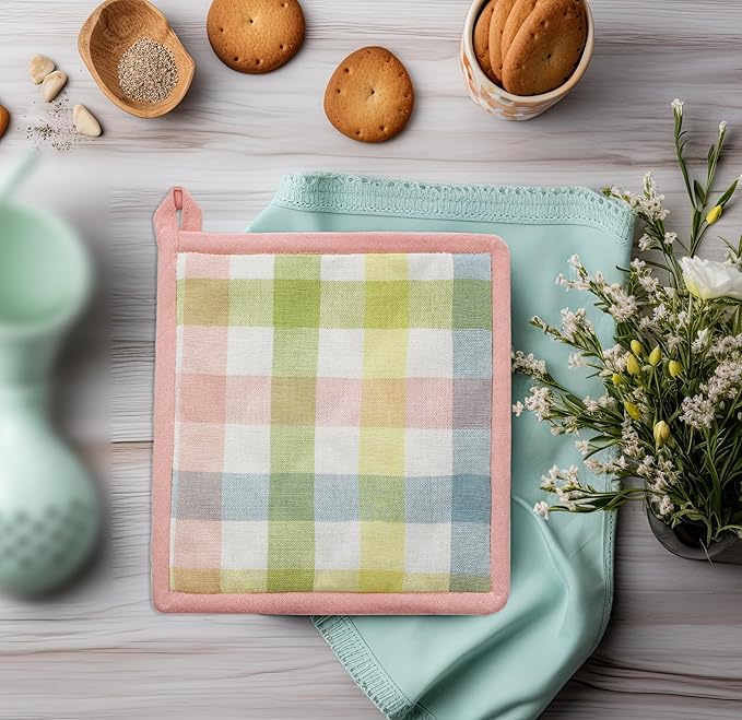 COTTON CRAFT Oven Mitt and Pot Holder Set - Gingham Buffalo Check 2 Oven Mitts 2 Pot Holders Set - Easter Spring Cotton Extra Long Mitt - Insulated Heat Resistant Quilted Kitchen Glove - Yellow Multi