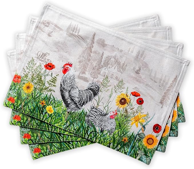 Maison d' Hermine Placemats Set of 4 100% Cotton Washable Cloth Place Mats Reusable Table Mats for Kitchen Dining Party Wedding Gifts for Mothers Day Spring/Summer (Basse Cour, 13" x 19")