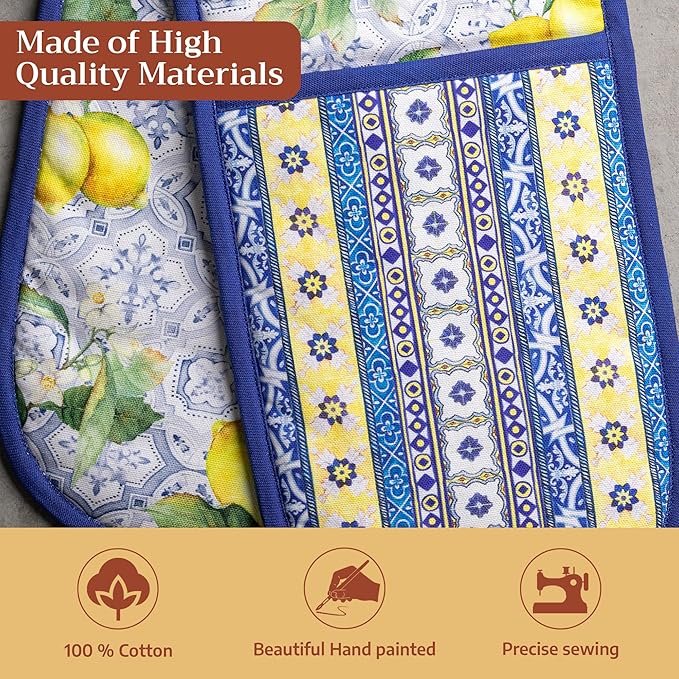 Maison d' Hermine Double Oven Mitts 100% Cotton 7"x35" Double Oven Mitt Heat Resistant BBQ Cooking Gloves with Loop Baking Grilling Gifts for Mothers Day Spring Summer (Citrus)
