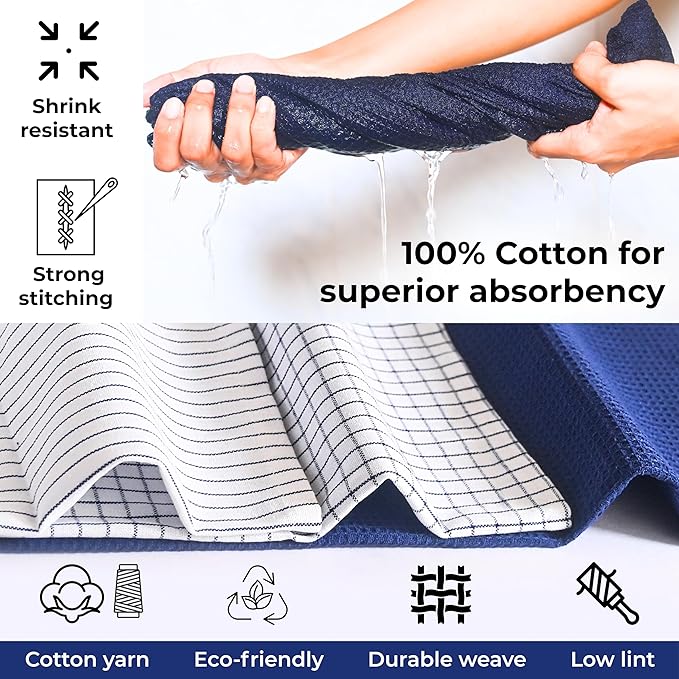 Highly Absorbent Cotton Kitchen Towels for Drying Dishes - Set of 6 Dish Towels - Narrow Navy Blue Stripes Plaid Waffle Dishtowels - 18"X28" Large Lint Free Linen Tea Hand Bulk T Towls