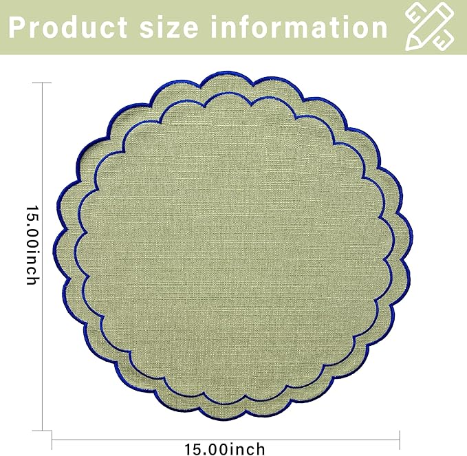 Linen Cotton Placemats Set of 4 Scalloped Flower Embroidery Place Mats 15'' Natural Linen Texture Fabric Machine Washable Table Mats for Restaurant Kitchen,Table Decor(Matcha Green)