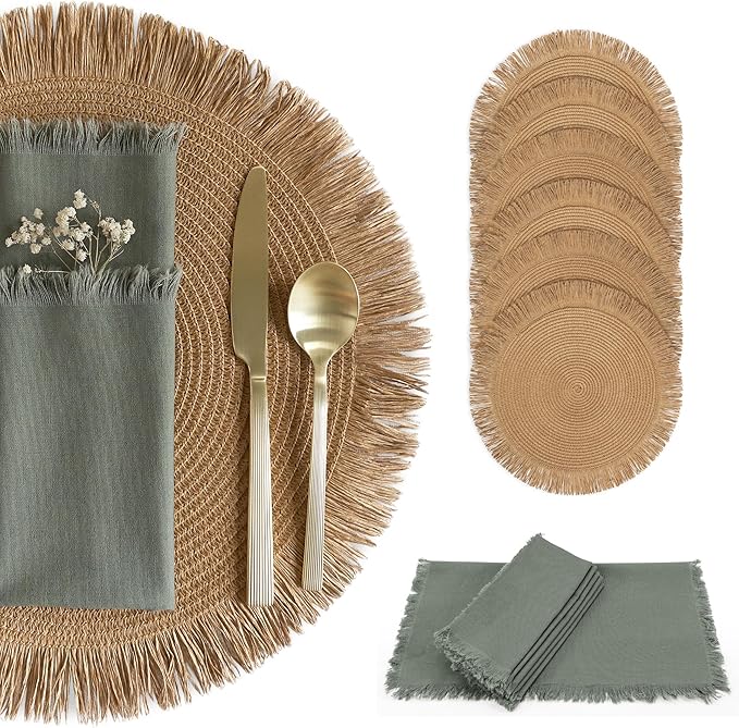 Decorative Boho Table Placemats Set of 6 with Matching Linen-Textured Napkins - Beautiful Natural Decor Elevates Your Dining Room or Kitchen Setting - Easy to Style & Mix with Linen Inspired Material