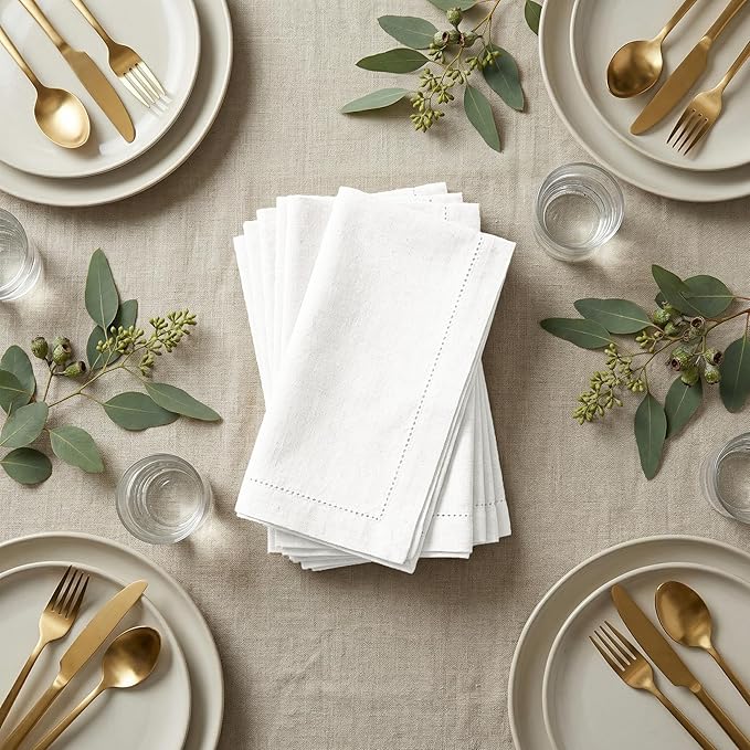 Flax Hemstitchend Cloth Dinner Napkin Set of 12 White 20x20 Inches, Premium Cotton Linen Absorbent Dinning Table Napkins Ideal for Wedding, Spring, Easter | Washable Durable Napkins for Everyday Use